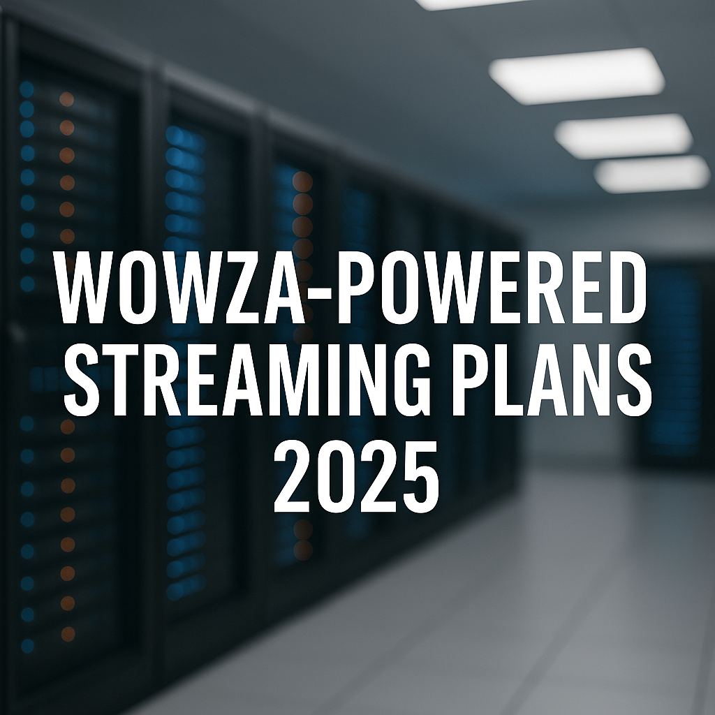 Modern data center with glowing blue servers and bold white text overlay reading “Wowza-Powered Streaming Plans 2025,” representing Hosting Marketers’ new Wowza-based RTMP streaming service launch.