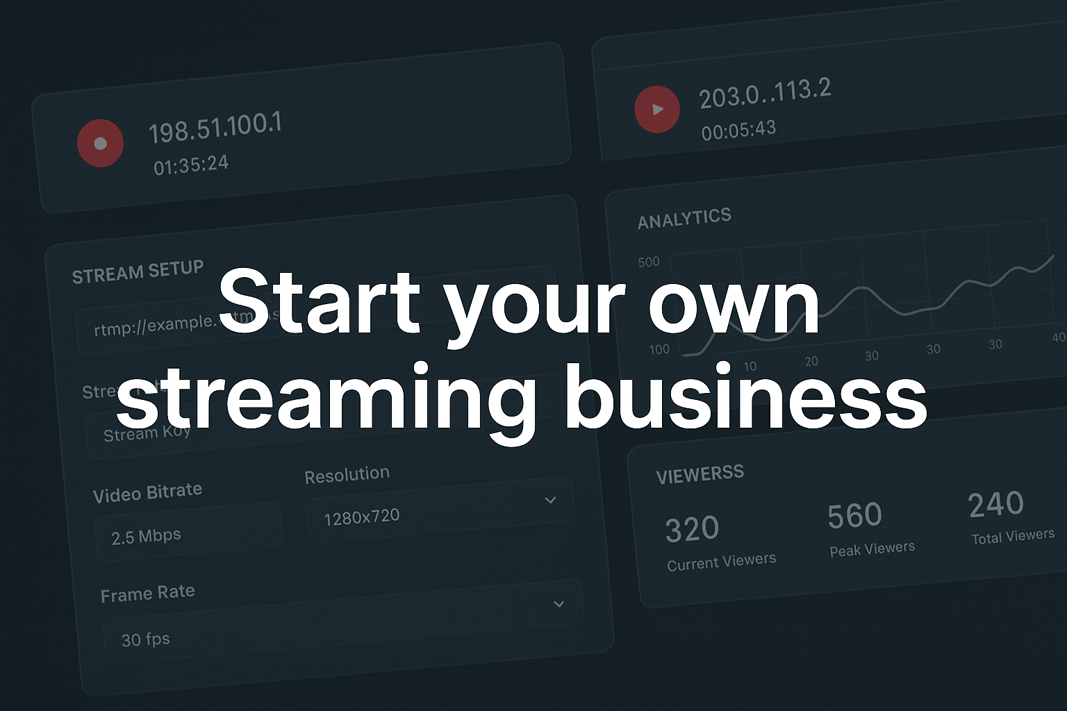 RTMP reseller hosting dashboard showing multiple live stream control panels