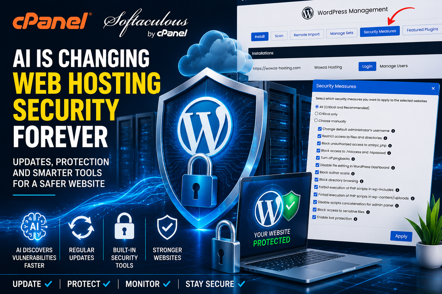 AI-powered web hosting security featuring WordPress, cPanel, Softaculous Security Measures, website protection, server updates, and cybersecurity tools for safer websites.