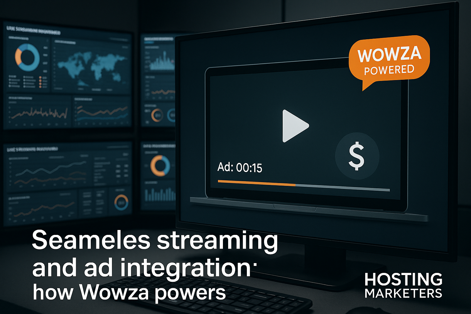 A professional, modern control room with screens showing live streaming dashboards, an HTML5 video player interface with an ad overlay (showing “Ad: 00:15”), and a floating “Wowza Powered” icon in a corner. Include a subtle dollar sign or monetization symbol overlaid near the player to suggest revenue generation. Make sure the environment is sleek, realistic, and tech-forward, suitable for a streaming platform. Include a white Hosting Marketers watermark in the bottom right.